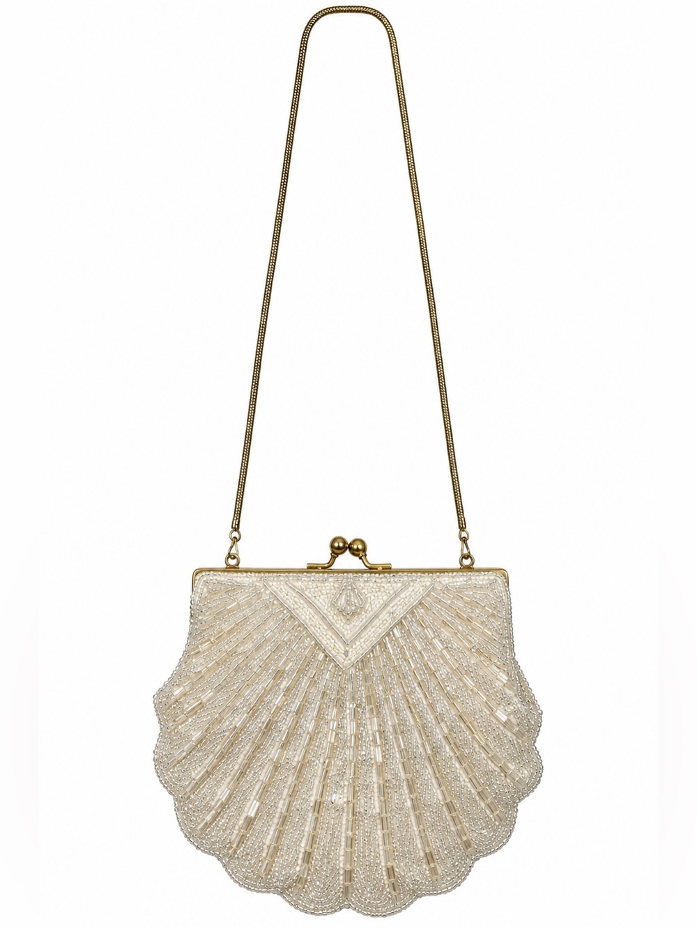 Vintage Shell Ivory Beaded Evening Bag Art Deco Kiss Lock Chain Purse Crossbody